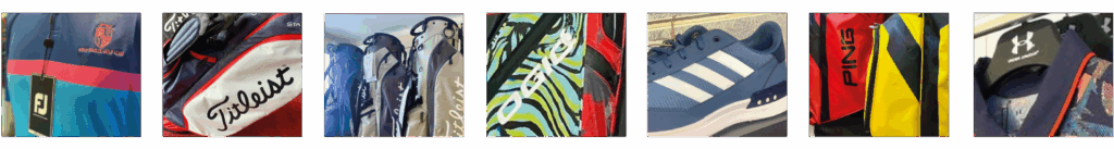 Selection of products showing logos including Titleist, Ping, Under Armour, Adidas and Footjoy