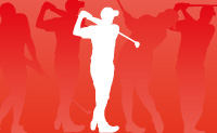 Outline of a person playing golf, red background